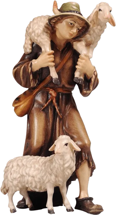 Shepherd with Two Sheep – nativity figure by Pema Woodcarvings