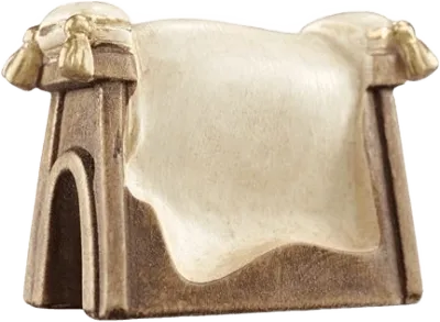 Hand-carved wooden bench with painted fabric draped over it in beige and brown tones