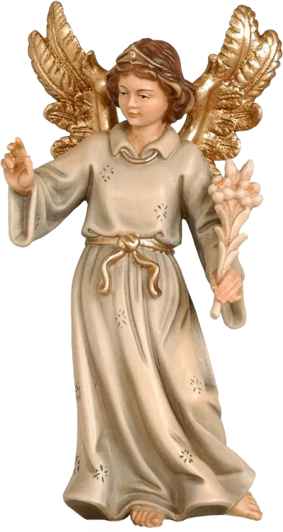 Hand-carved wooden Angel Proclaiming Birth with golden wings and beige robes holding flowers