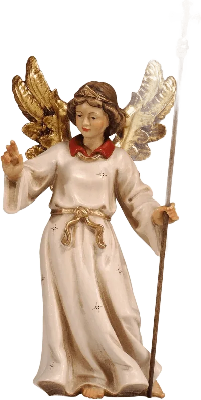 Hand-carved wooden angel figure with gold wings, white robe, red collar, holding a staff with cross