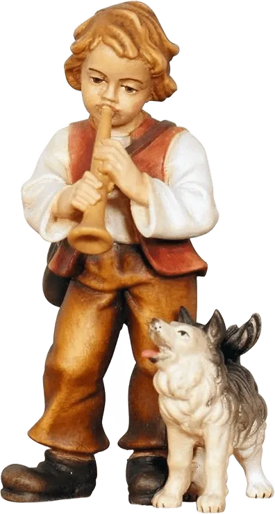 Hand-carved wooden figure of boy playing instrument with dog beside him, hand-painted