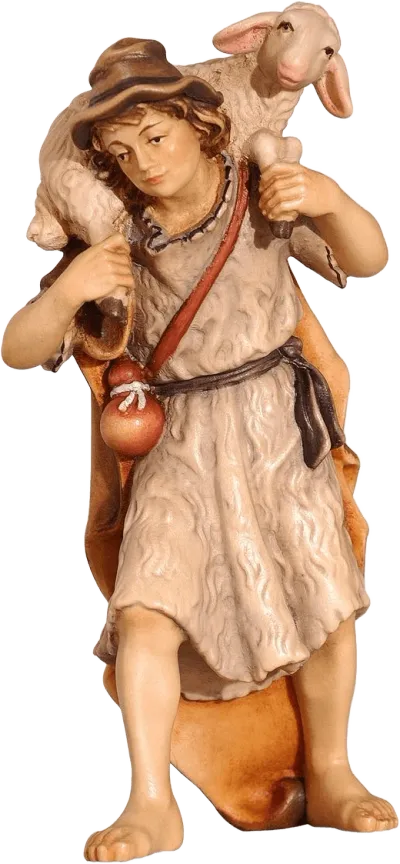 Shepherd with Sheep on Shoulders – nativity figure by Pema Woodcarvings