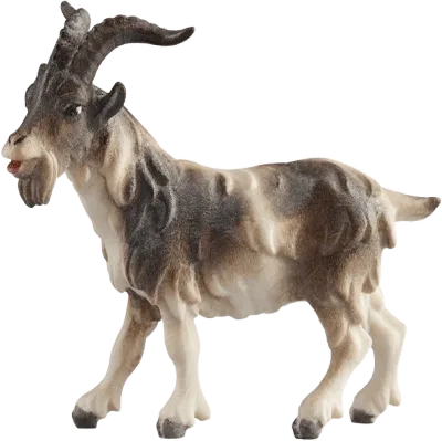 Hand-carved and hand-painted wooden Billy Goat nativity figure with brown and white fur and curved horns