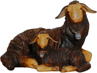 Dark Sheep Lying with Lamb – nativity figure by Pema Woodcarvings