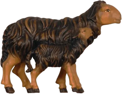 Dark Sheep with Lamb Standing – nativity figure by Pema Woodcarvings