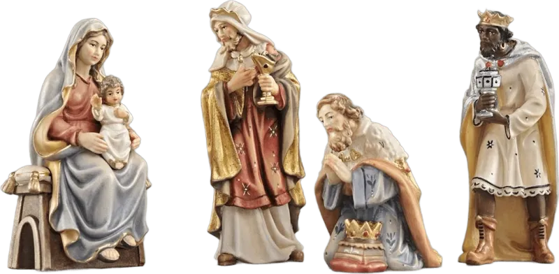 Hand-carved and hand-painted wooden Adoration of the Magi figures showing Mary with baby Jesus and three kings