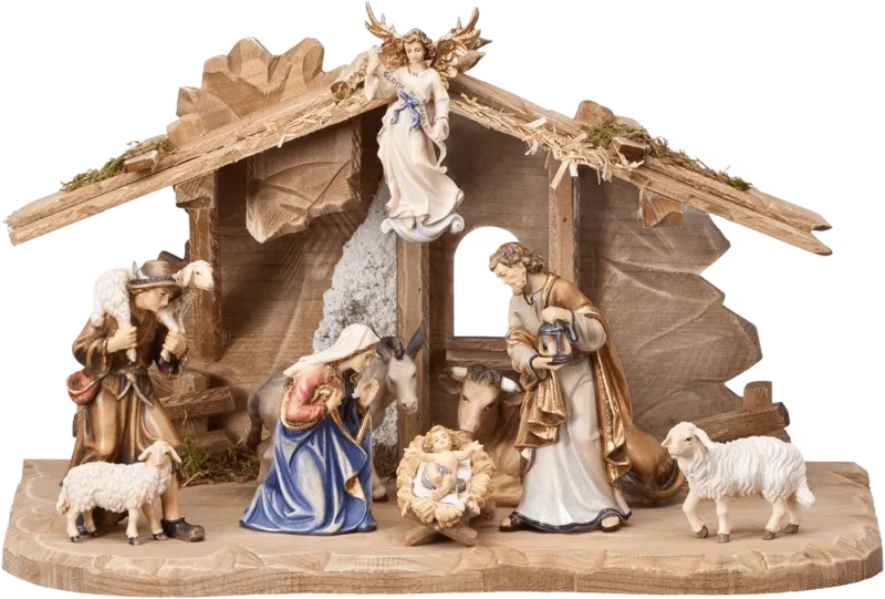 10-piece hand-carved and hand-painted wooden nativity set with stable, featuring Holy Family, shepherd, animals, and angel