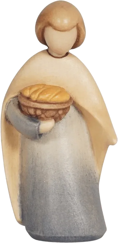 Hand-carved wooden figure of boy holding bowl of bread, painted in soft beige and gray tones