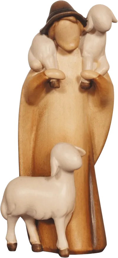 Shepherd with Two Sheep – nativity figure by Pema Woodcarvings