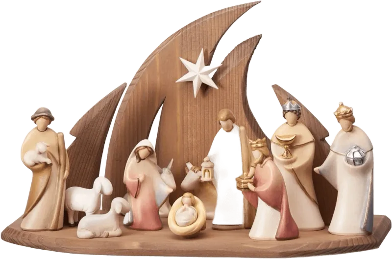 Hand-carved wooden nativity set with 13 figures and modern wooden Ambiente stable backdrop
