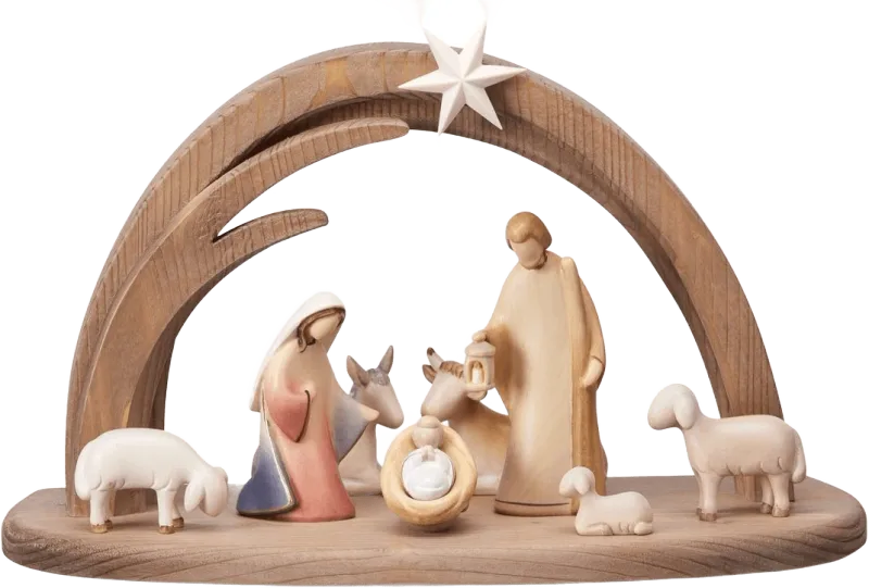 10-piece wooden nativity set with minimalist carved figures and arched stable topped by star