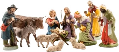 Complete Marolin Nativity Set with Holy Family, shepherd, kings, and animals in hand-painted papier-mâché