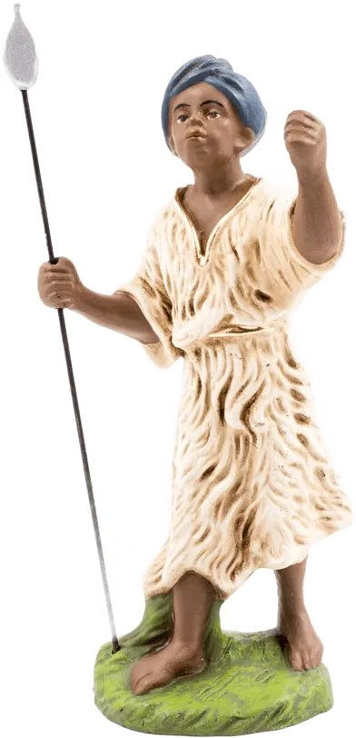 Camel Driver figure in cream robe and blue head wrap holding spear, standing on green base, hand-painted papier-mâché
