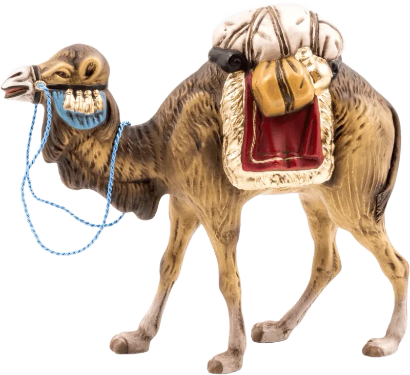 Hand-painted papier-mâché camel figure with luggage on its back, brown tones with blue and red accents