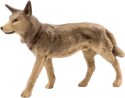 Hand-painted papier-mâché Sheepdog nativity animal figure in walking pose with brown and beige tones