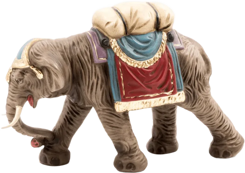 Hand-painted papier-mâché elephant with luggage and decorative saddle cloth in red, blue, and gold