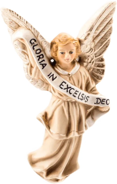 Hand-painted papier-mâché Gloria Angel holding banner with Gloria in Excelsis Deo in cream and gold