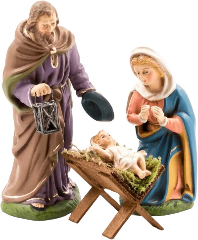Marolin Holy Family Group papier-mâché figures of Joseph, Mary, and baby Jesus in colorful robes