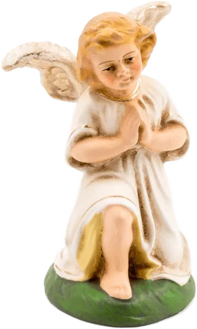 Kneeling angel figure in white and gold robes with folded hands, hand-painted papier-mâché