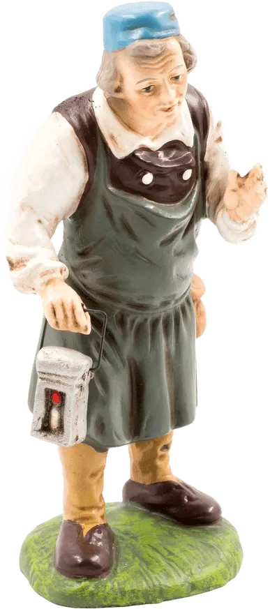 Hand-painted papier-mâché Innkeeper figure holding lantern, wearing blue cap and green apron