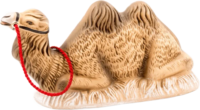 Camel lying down nativity figure in beige papier-mâché with red rope halter
