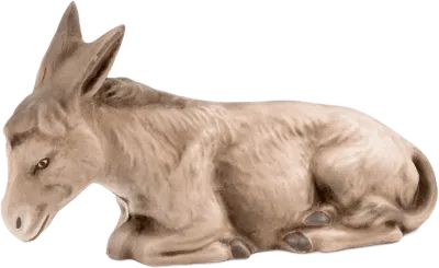 Hand-painted papier-mâché donkey lying down in light brown tones