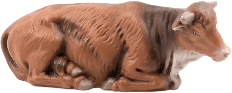 Hand-painted papier-mâché ox lying down with brown and white coloring