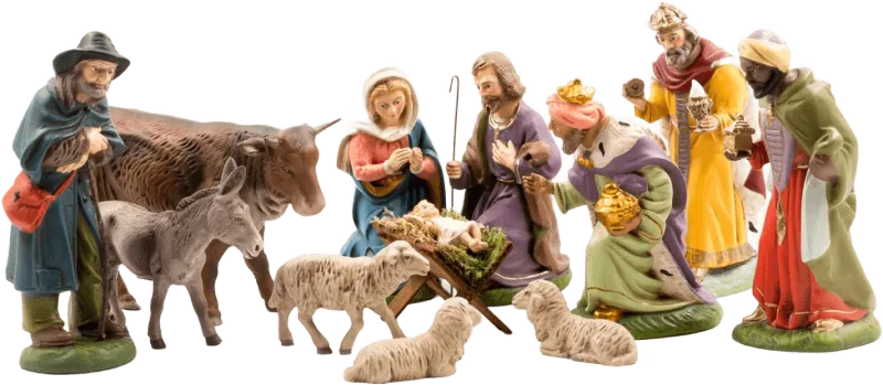 Twelve-piece hand-painted papier-mâché nativity set with Holy Family, shepherd, kings, animals, displayed on white background