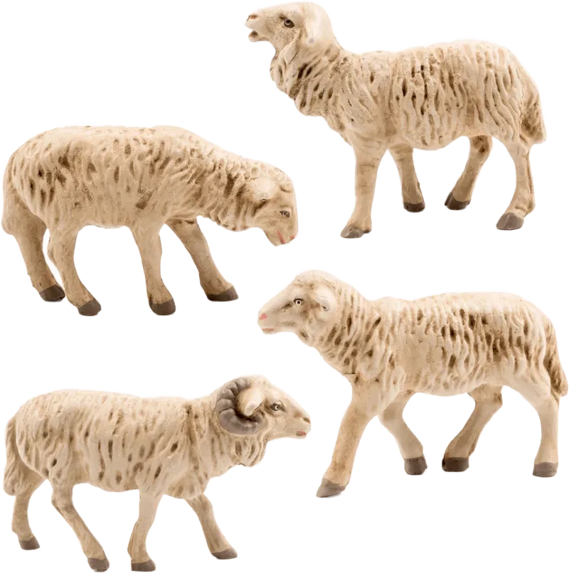 Four hand-painted papier-mâché sheep figures in cream with brown shading, including a ram with curled horns