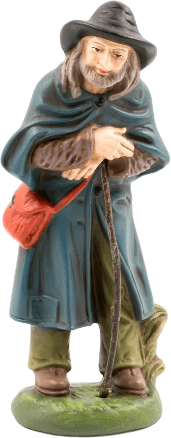 Hand-painted papier-mâché shepherd figure wearing blue cloak and hat, holding walking stick and red satchel