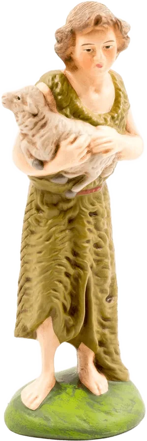 Shepherd figure in green fur coat holding a sheep, hand-painted papier-mâché