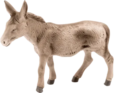 Standing donkey nativity animal figure in hand-painted papier-mâché with brown and beige tones