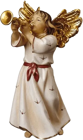 Hand-carved wooden Angel with Trumpet figure in white robe with gold wings and red sash