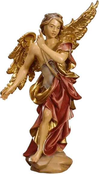 Hand-carved wooden Announcing Angel figure with gold wings and red robes