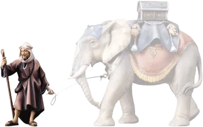 Elephant Driver figure holding staff next to hand-carved wooden elephant with decorated saddle