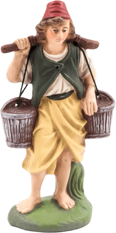 Hand-painted papier-mâché Water Carrier figure in red cap, green vest, yellow skirt holding two brown buckets on shoulder yoke