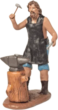 Blacksmith figure holding hammer over anvil on tree stump, hand-painted with black apron and blue trousers