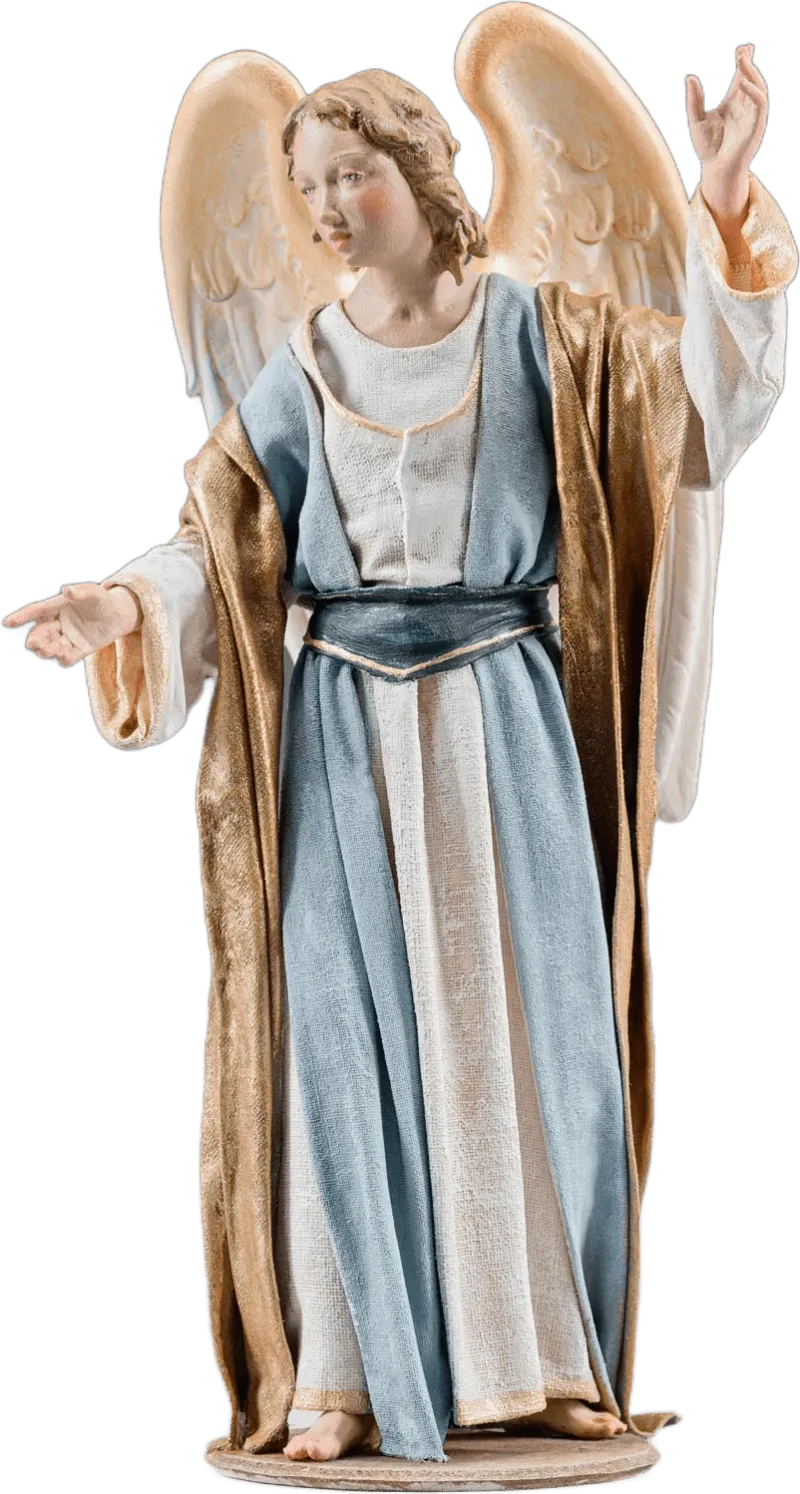 Hand-carved wooden Annunciation Angel figure with blue and gold fabric robes and detailed painted face
