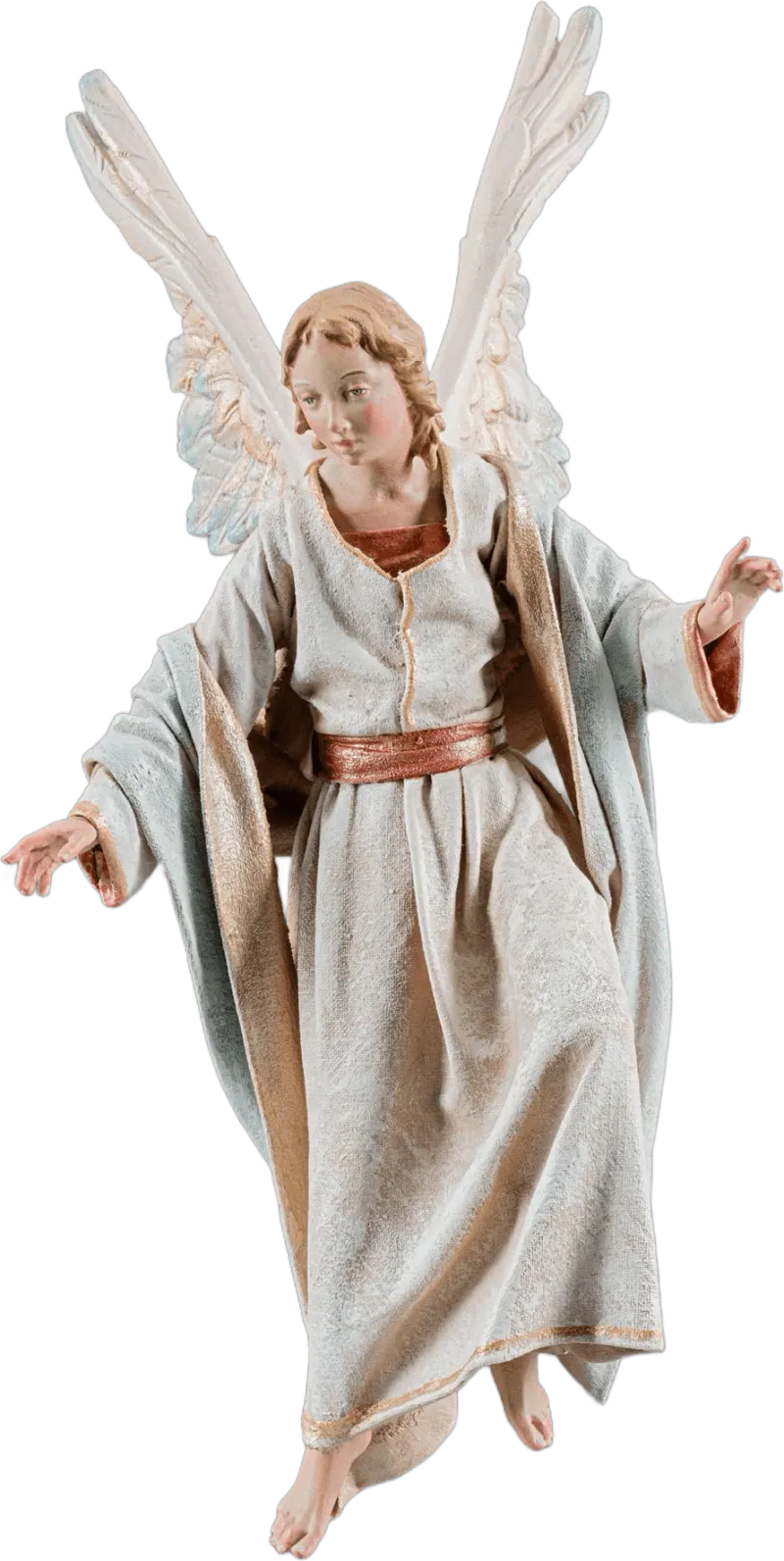 Hand-carved wooden Angel Flying figure with white wings and flowing robes in soft colors