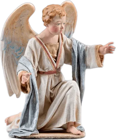 Kneeling child angel figure hand-carved wood with blue and cream fabric robes