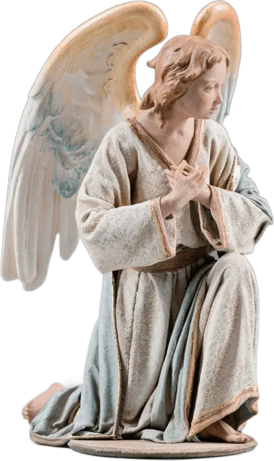 Hand-carved wooden angel kneeling left with folded hands, painted robes and wings