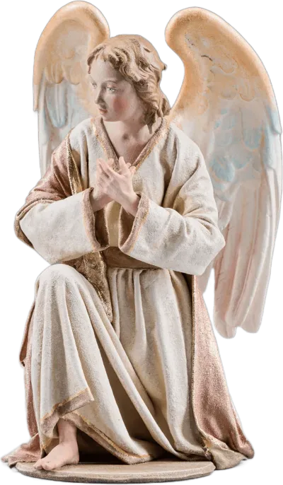 Hand-carved wooden angel kneeling right with draped fabric robes and painted wings