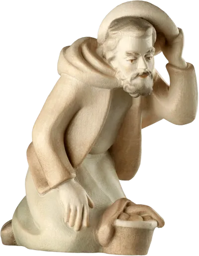 Kneeling Shepherd with Hat – nativity figure by Rowi Sculptures