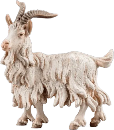 Hand-carved wooden Billy goat figure with textured white fur and curved horns