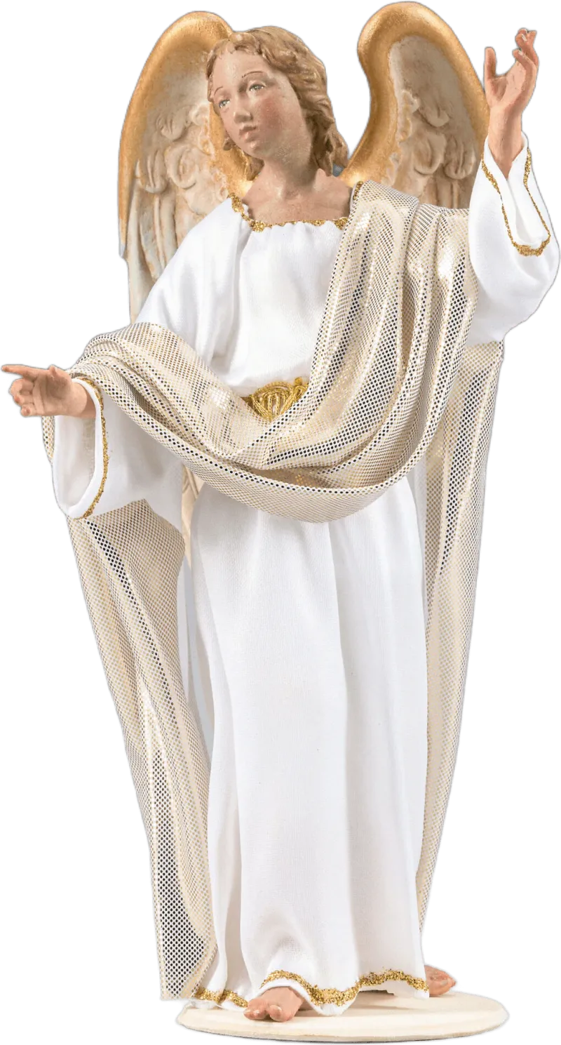 Hand-carved wooden Angel of Annunciation with detailed wings, white and gold fabric robes