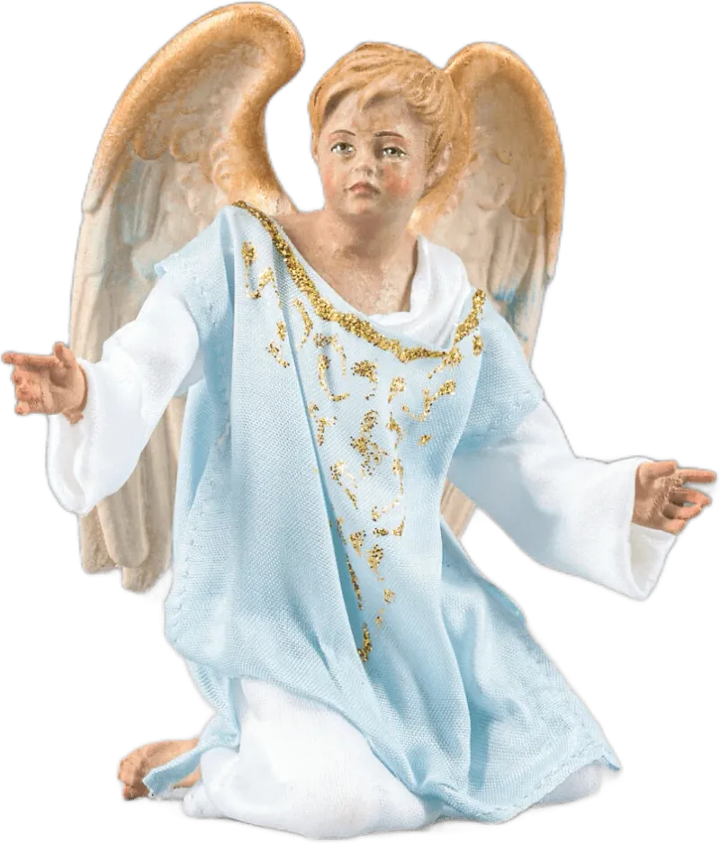 Kneeling child angel figure with blue and white fabric robes and carved wings