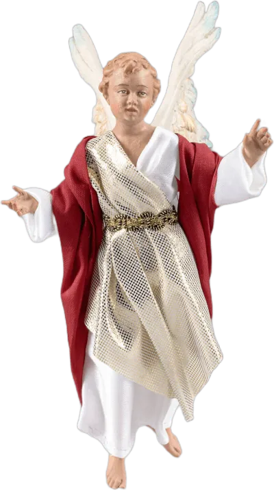Hand-carved wooden Angel Gloria child figure hanging, dressed in white and red fabric with carved wings