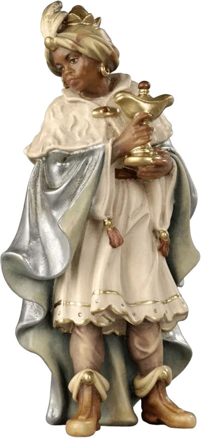 Hand-carved wooden Black King figure in regal attire holding a golden gift, hand-painted with cream, silver, and gold colors