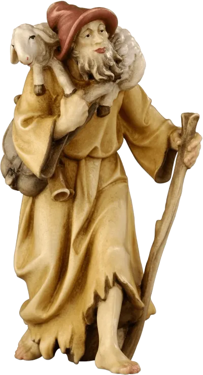 Shepherd with Lamb on Shoulders – nativity figure by Pema Woodcarvings