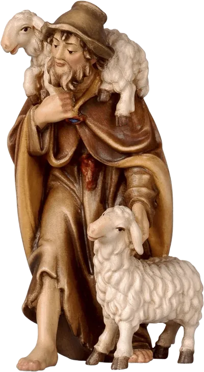 Shepherd with Two Sheep – nativity figure by Pema Woodcarvings